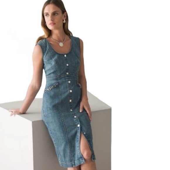 White House Black Market Dresses & Skirts - WHBM Sleeveless Chain Trimmed Sava Vintage Medium Wash Denim Sheath Midi Dress
